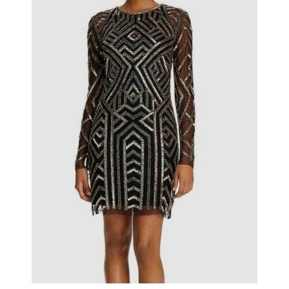 $265 NEW Aidan Mattox Beaded Dress Sz 2 Black Gold Geometric Holiday Designer - Picture 7 of 16